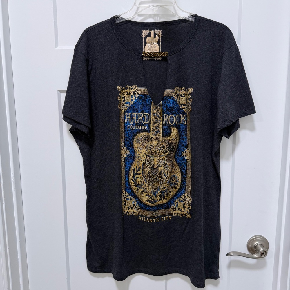 Hard Rock Couture Atlantic City Graphic Tee Beaded V-Neck Charcoal Grey Fits XL